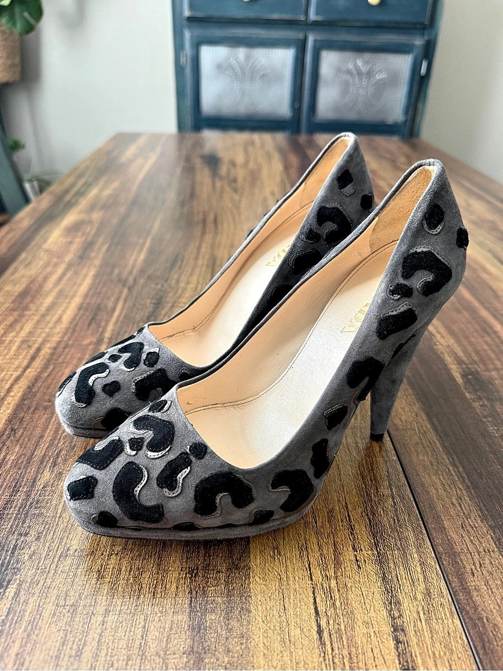 Prada Leopard Suede Patchwork Platform Pumps Gray & Black EU 36.5
